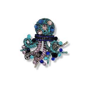 Fancy Antiqued Goldtone, Round Blue Black Pink Crystal Octopus Brooch Pendant